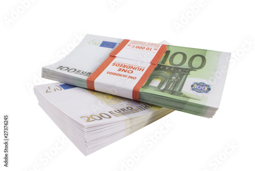 Packs of banknotes of euro isolated on a white background