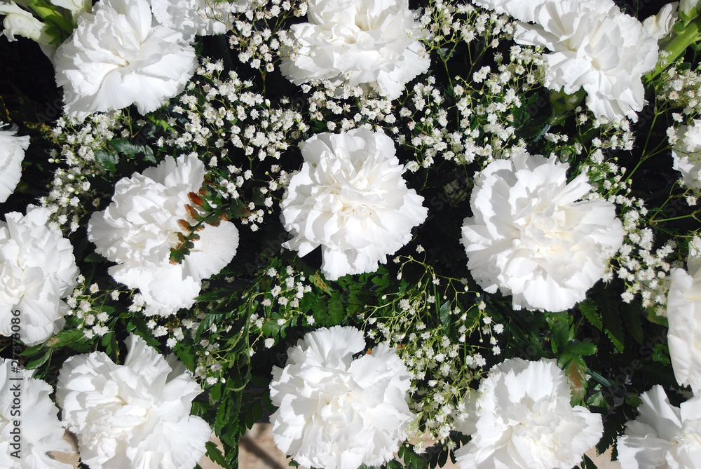 RAMO DE FLORES. CLAVELES BLANCOS Y FLORECILLAS BLANCAS foto de Stock