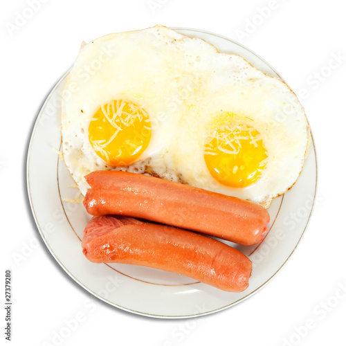 breakfast with fried eggs and sausages photo