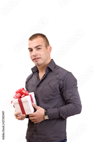 man with a wrapped gift box