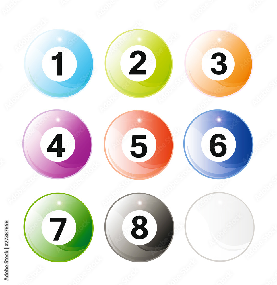 set of glossy billiard balls isolated over white background set of glossy billiard balls isolated over white background