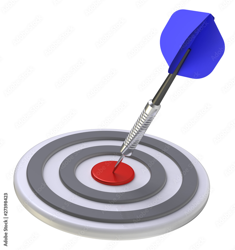 Red target and blue dart close-up isolated on white background Red target and blue dart close-up isolated on white background