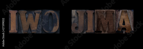the words Iwo Jima in old letterpress wood type photo