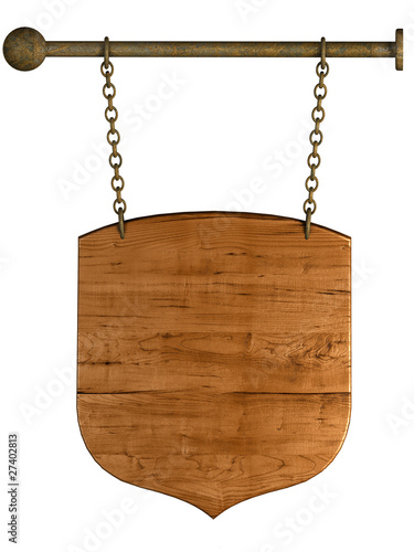 Old wooden sign on the chains. Isolated on white