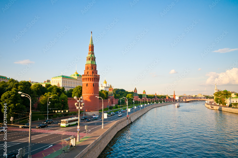 An embankment of Moscow Kremlin is in Russia. Sunset