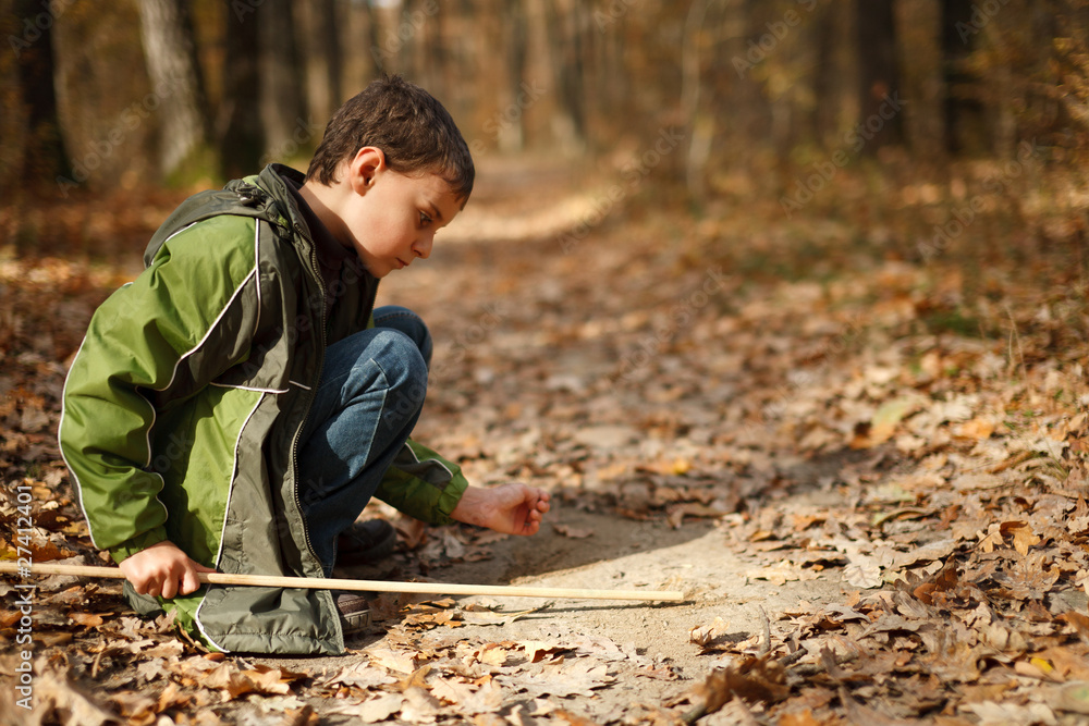 Boy playing in the forest Boy playing in the forest