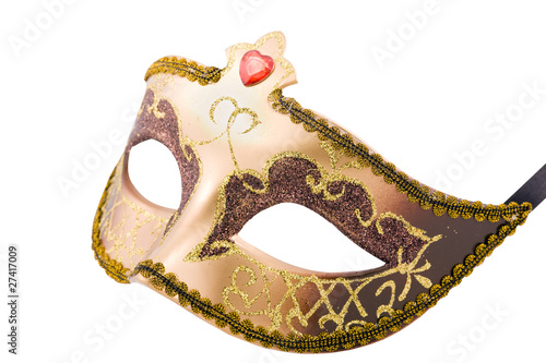 Golden carnival mask on white with path