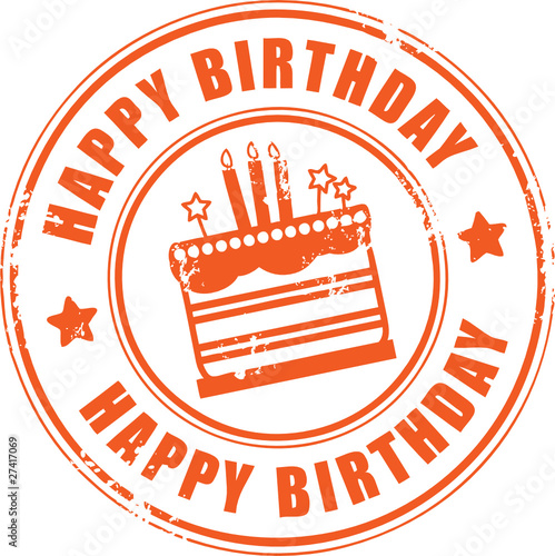 Grunge stamp with candles, cake and the text Happy Birthday