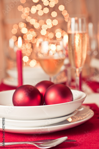 decoration of christmas table in red and white colors