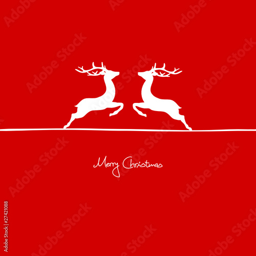 Xmas Card " Merry Christmas" 2 Jumping Reindeers Red