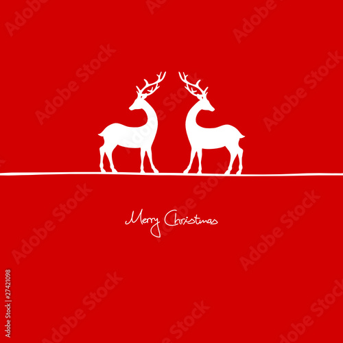 Xmas Card " Merry Christmas" 2 Standing Reindeers Red