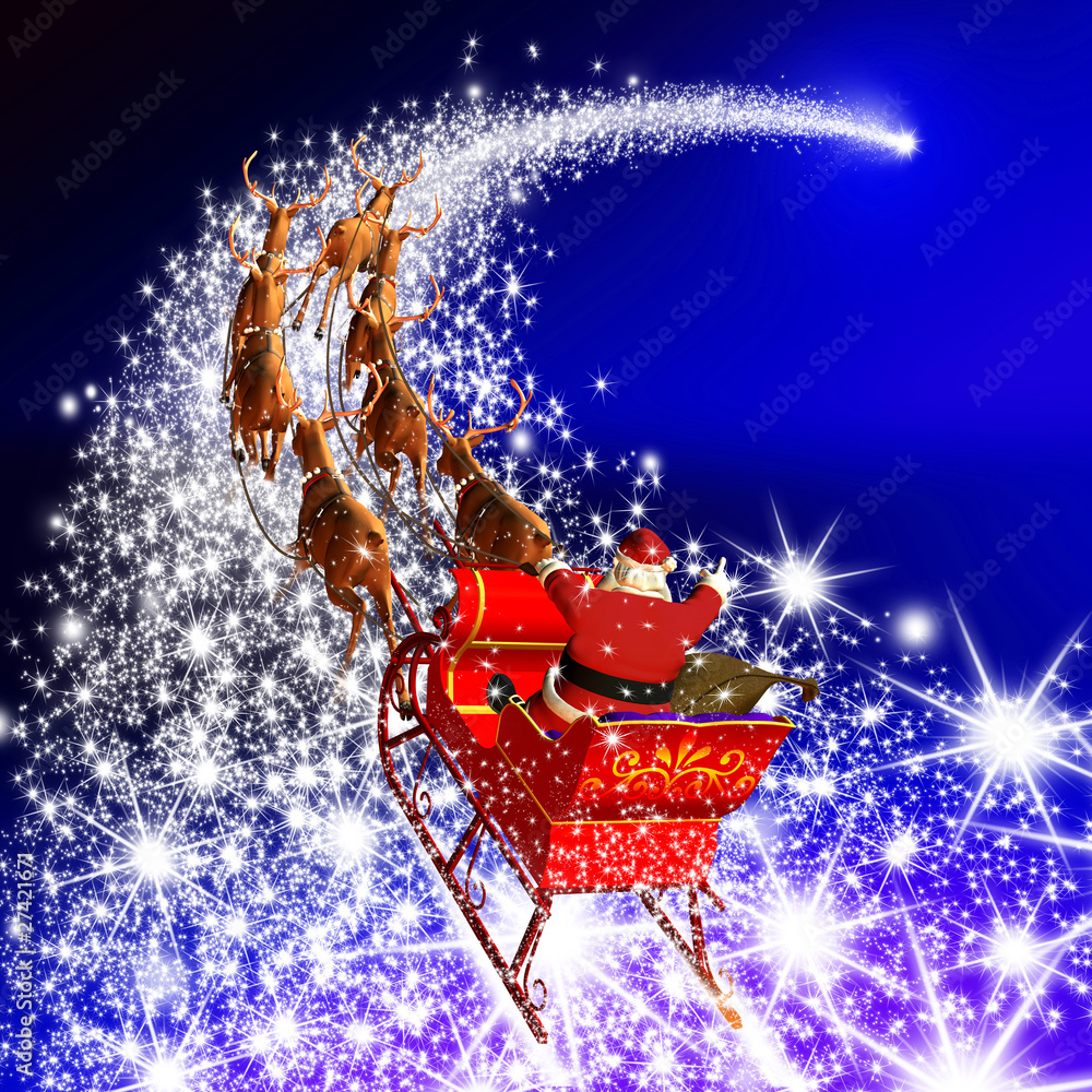 Weihnachtsmann mit Rentierschlitten und Sternschnuppe Stock