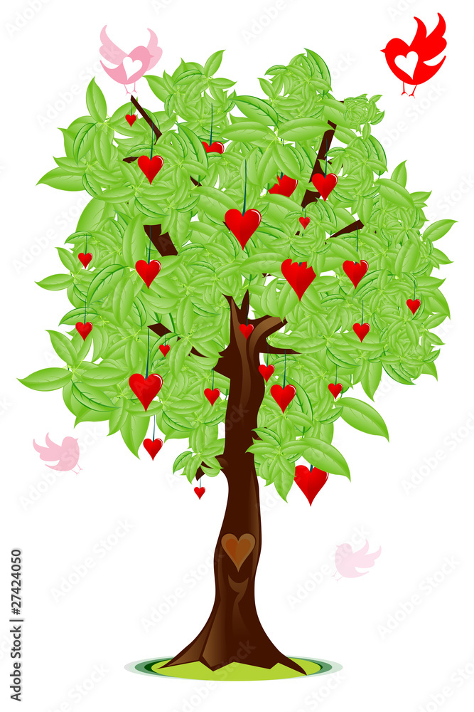 love bird flying around tree with heart