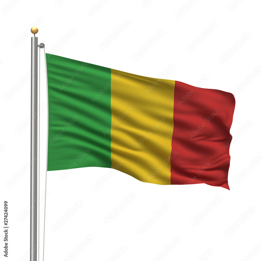 Flag of Mali waving in the wind in front of white background