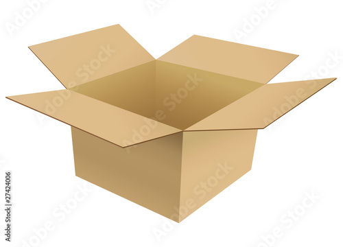 Isolated empty and opened cardboard box