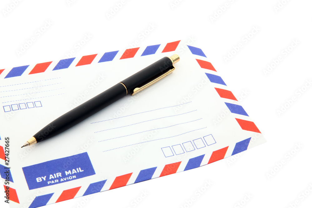 air mail envelope with pen isolated on white background air mail envelope with pen isolated on white background