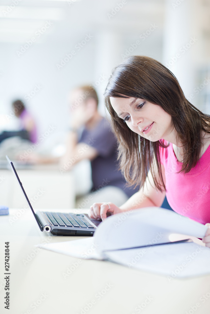 in the library - pretty female student with laptop and books wor in the library - pretty female student with laptop and books wor