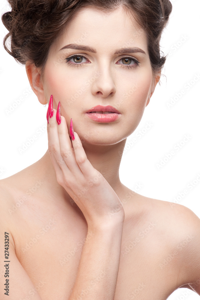Fototapeta premium Close up portrait of beauty woman with perfect skin and red nail