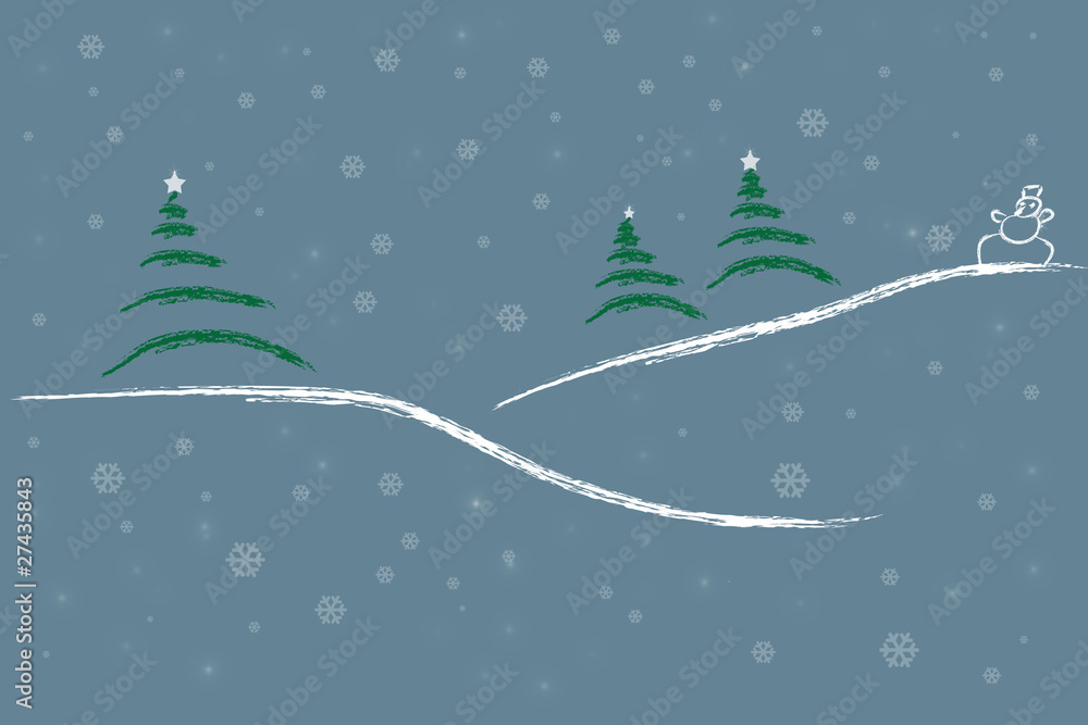 three Christmas rgreen trees on a snow covered hill