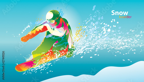 The colorful figure of a young man snowboarding on a blue sky ba