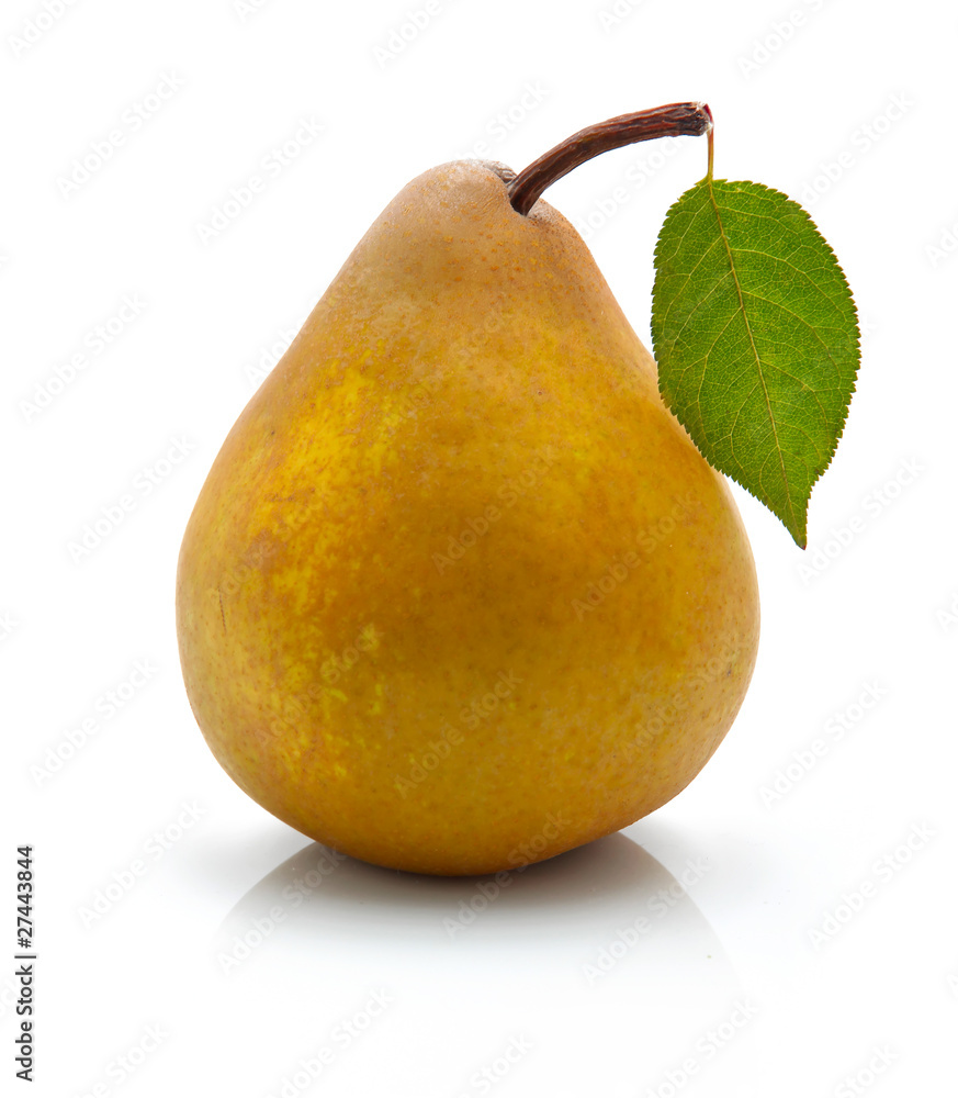 Yellow pear with green leaf isolated