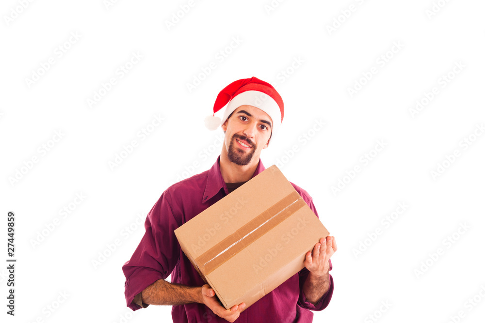 Young Man with Christmas Hat Holding a Box Young Man with Christmas Hat Holding a Box