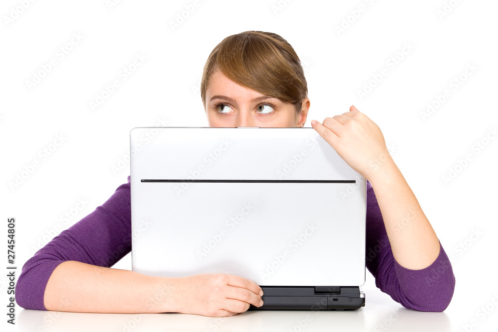 Girl Peeking Over Laptop Computer Girl Peeking Over Laptop Computer