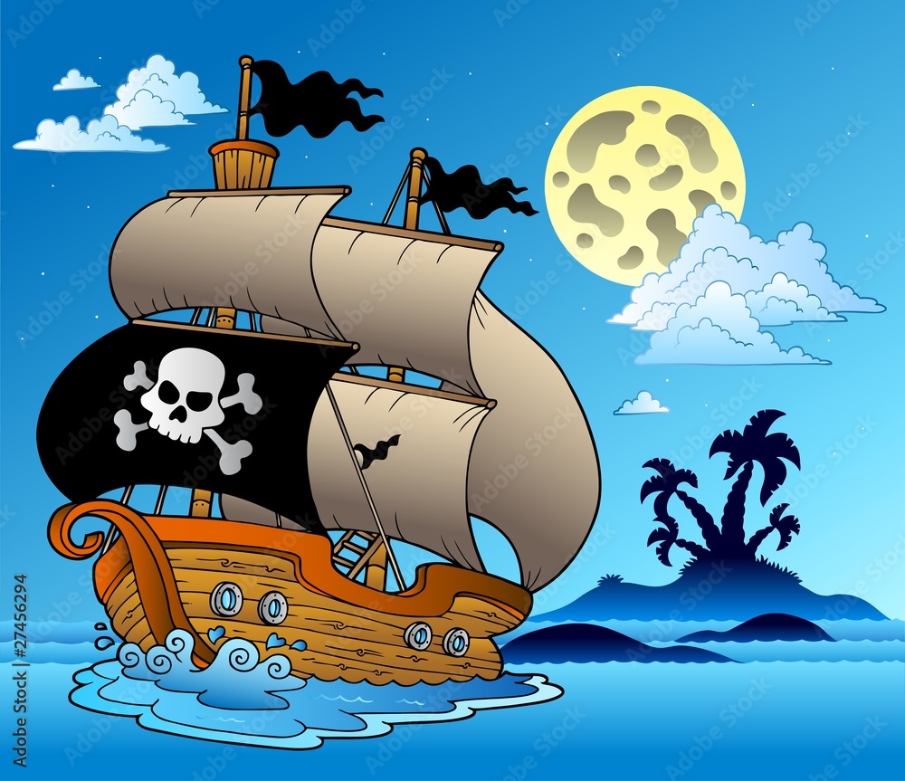 Pirate sailboat with island silhouette