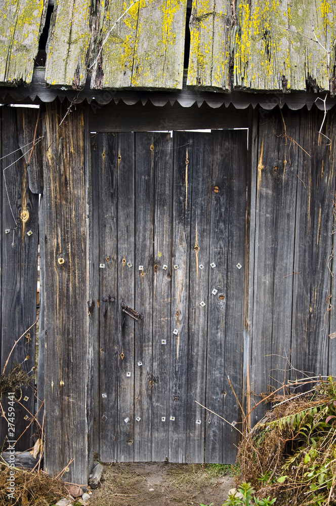 Naklejka premium Old wooden door covered with moss and rust.