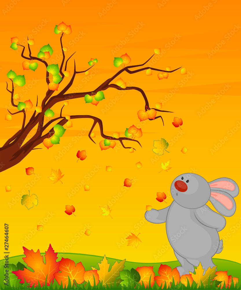 Vector cartoon little toy bunny with autumnal leaves