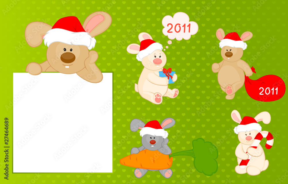 Vector set of cartoon little toy bunny with gift