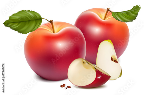 Vector. Ripe red apples with green leaves.