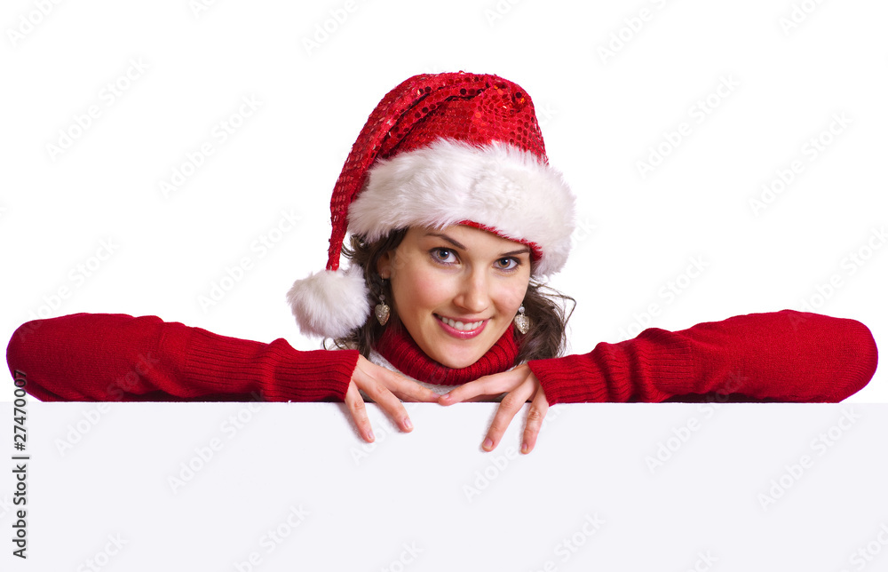 Weihnachtsfrau lehnt auf Werbetafel Weihnachtsfrau lehnt auf Werbetafel