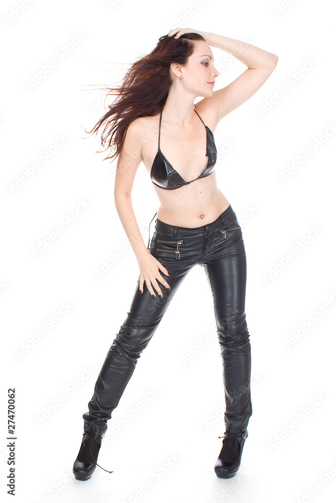 Sexy brunette in black leather pants Sexy brunette in black leather pants