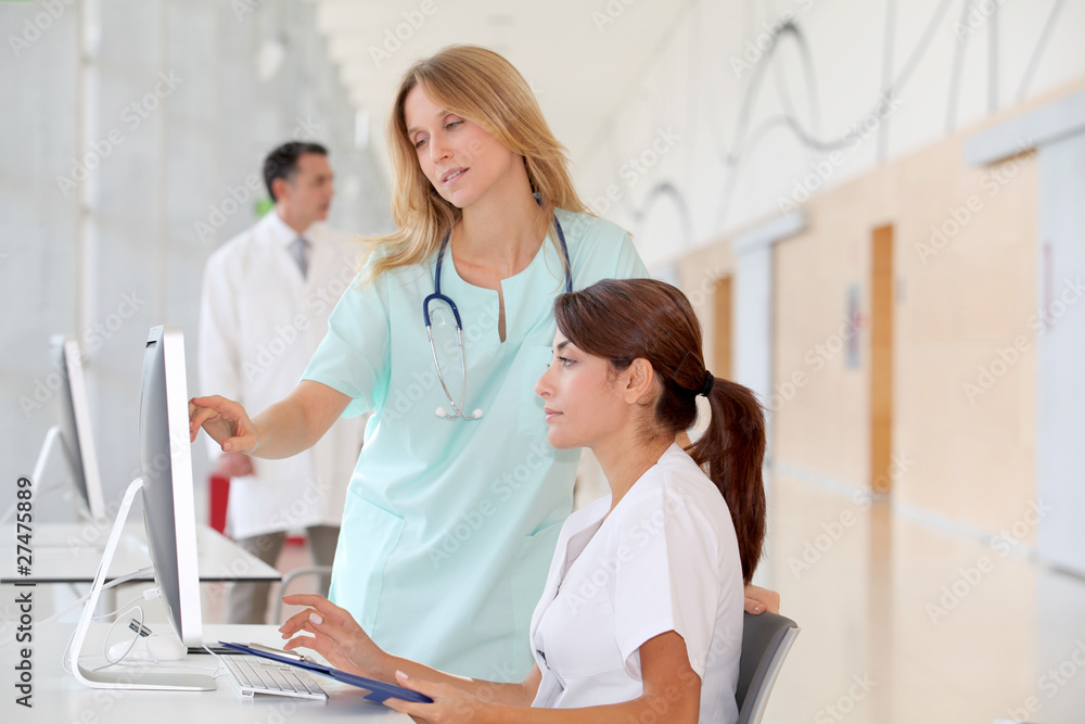 Obraz premium Nurse with intern working in front of computer