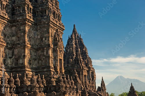 Prambanan temple with Merapi volcano, Java, Indonesia