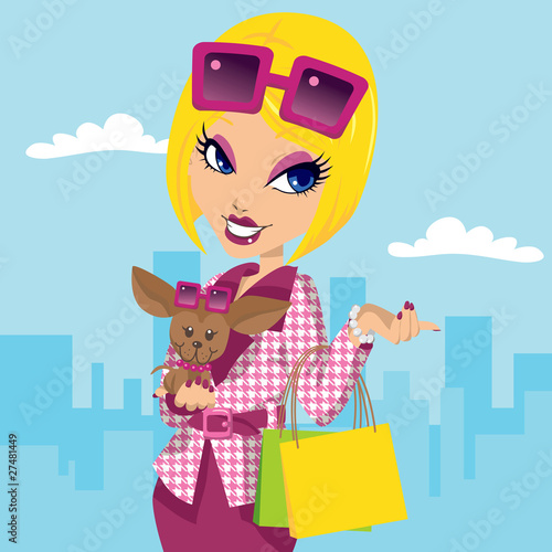 Blonde posh girl with chihuahua carrying shopping bags