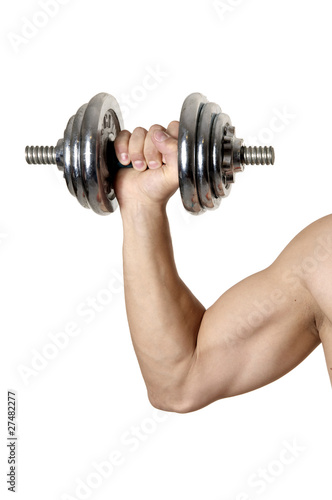 Muscular male hand with iron dumbbell