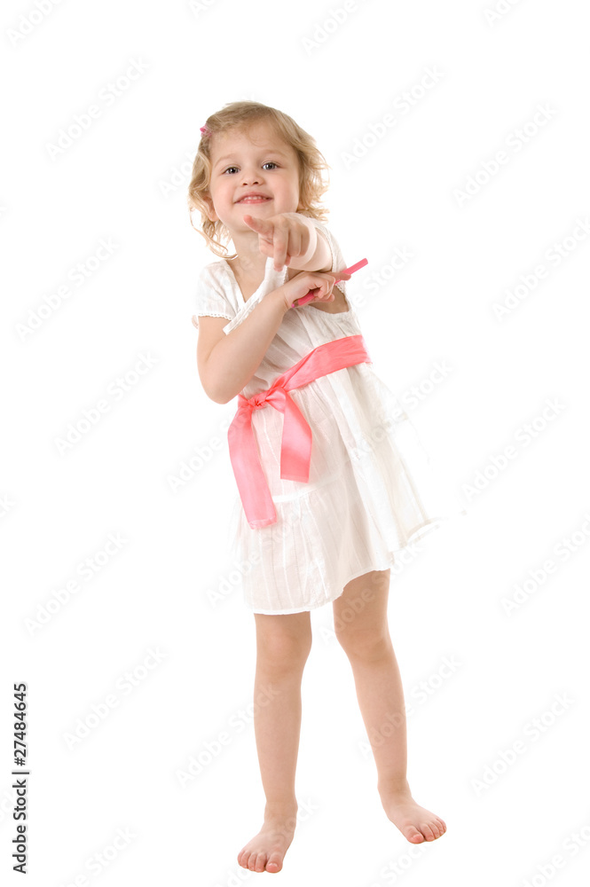 amazed little girl wearing a white dress standing on white amazed little girl wearing a white dress standing on white
