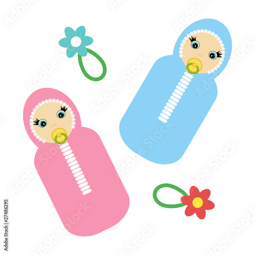 two babies and rattles