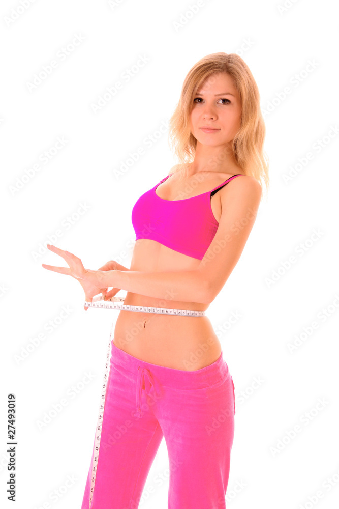 Woman with measure tape isolated on white Woman with measure tape isolated on white