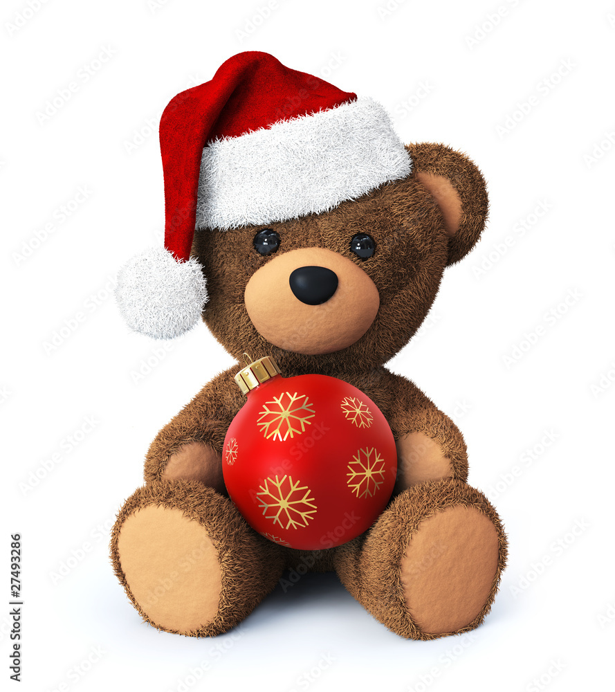 Teddy bear with santa hat and christmas ornament