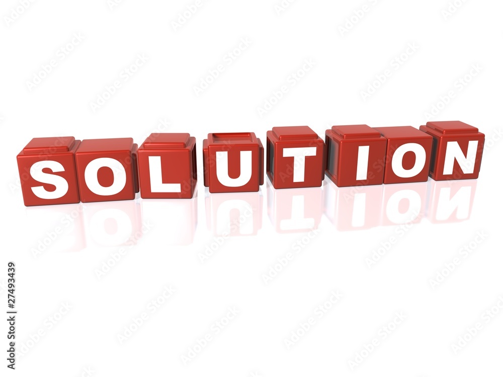Red building blocks spelling out SOLUTION