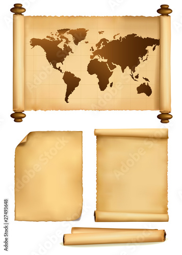 World map in vintage pattern and old papers. Vector.