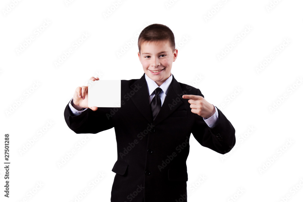Boy holding a business card, isolated on white Boy holding a business card, isolated on white