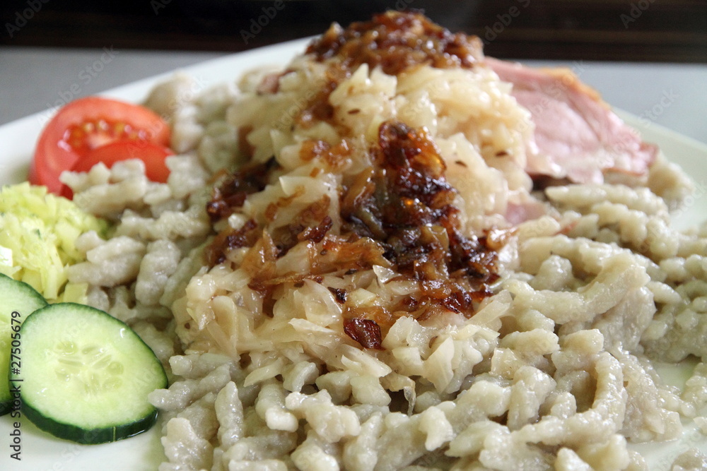 Cheese spaetzle home-made noodles with smoked jam and sweet onio Cheese spaetzle home-made noodles with smoked jam and sweet onio