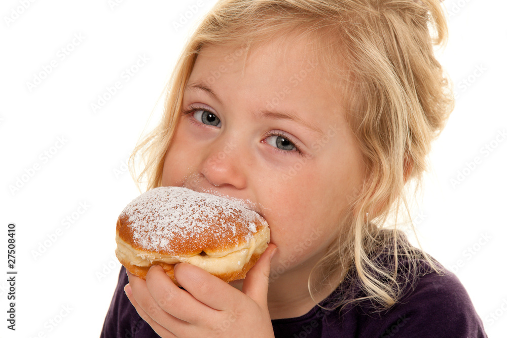 Kind im Fasching mit Krapfen. Faschingskrapfen Kind im Fasching mit Krapfen. Faschingskrapfen