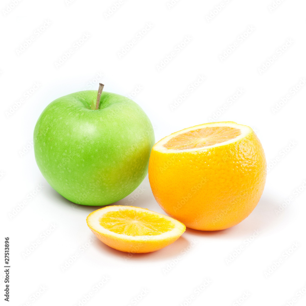 Fresh green apple and sliced orange on white background Fresh green apple and sliced orange on white background