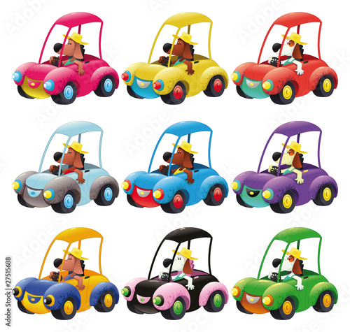 Cars group guided by dog. Vector isolated objects