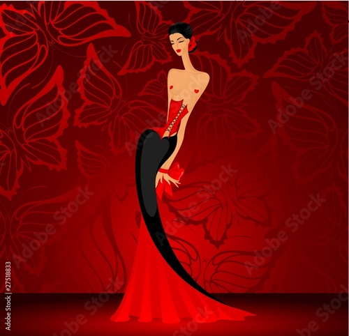 woman in red dress on a background with butterflies